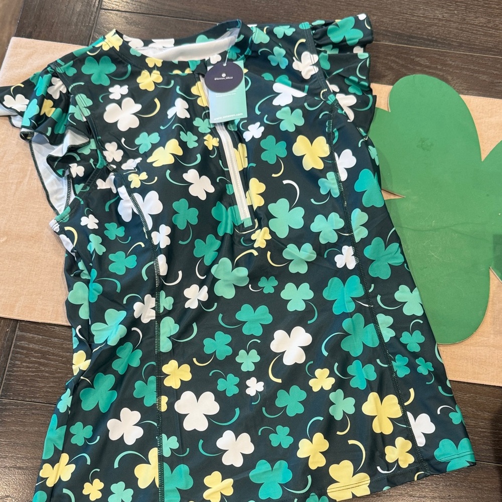 Women’s swim top with built in bra size large Clover Print (Green/Yellow/White)